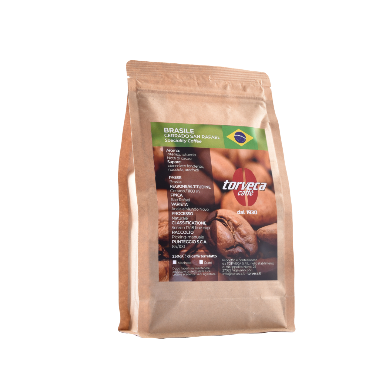 caffè monorigine, Brasile Cerrado San Rafael, torrefazione artigianale, confezione stand-up, zip, grani, macinato