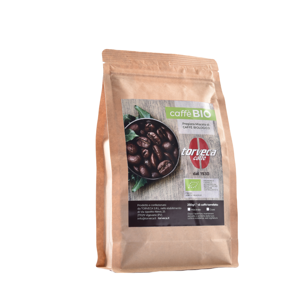 caffè, biologico, grani, macinato, arabica, robusta, zip di chiusura, sacchetto stand-up, certificato biologico