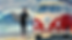 A painting with a surfer with a surfboard next to a red Volkswagon bus