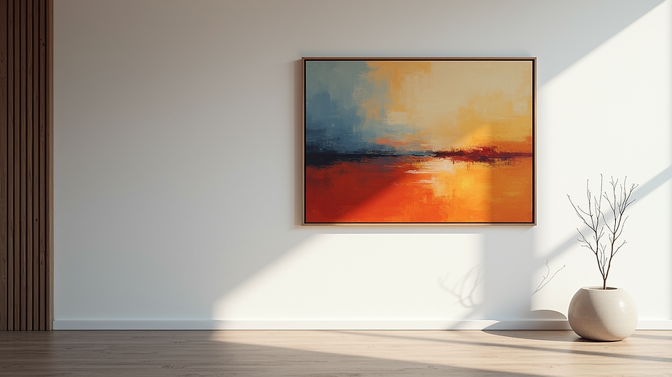 Eye-level view of an abstract painting on a minimalist wall