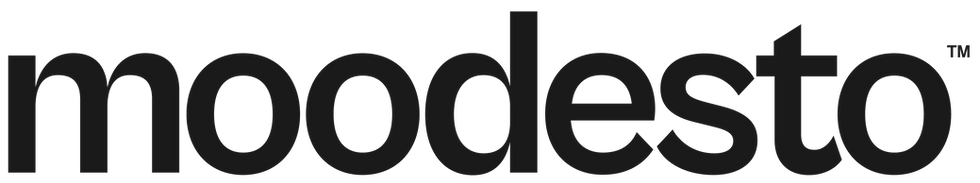 Moodesto brand logo — minimalist lowercase serif wordmark in black on white for original printable abstract art prints.