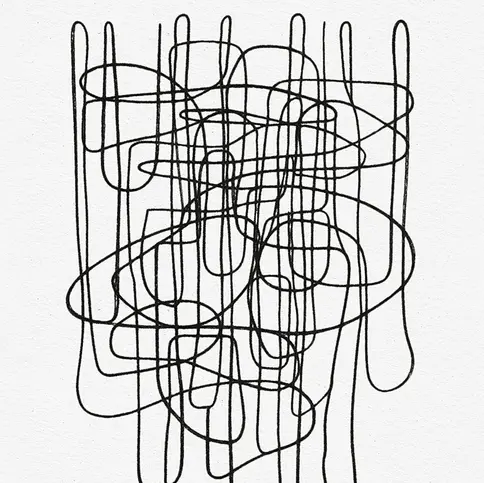 Browse the Graphic Art collection, featuring Echoloop — Emergence No.1 with overlapping black hand-drawn loops and elongated curves on white.