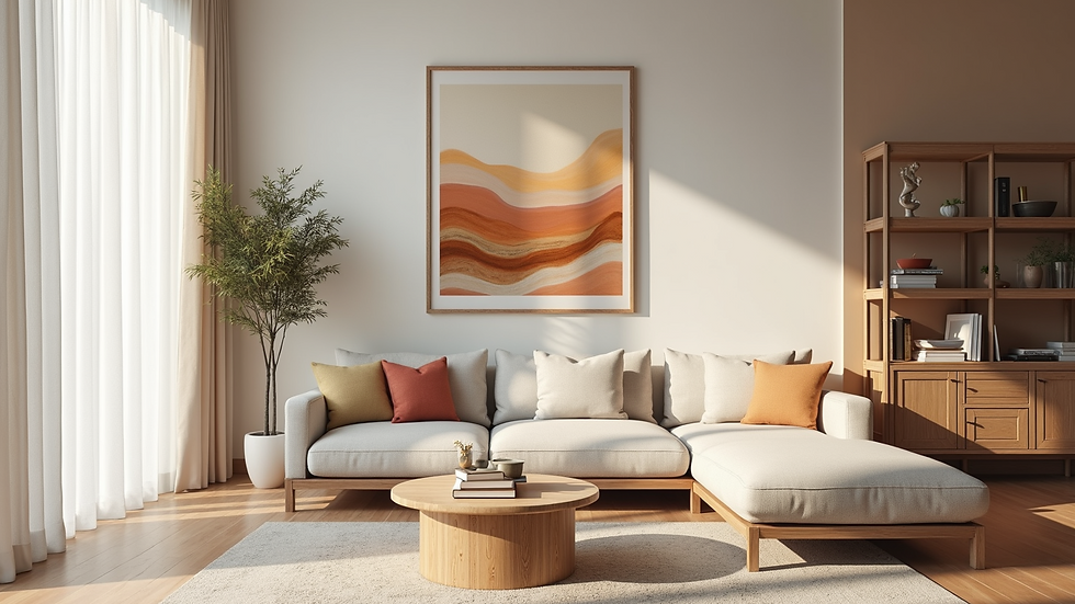 High angle view of layered calming abstract art in a serene living room setting