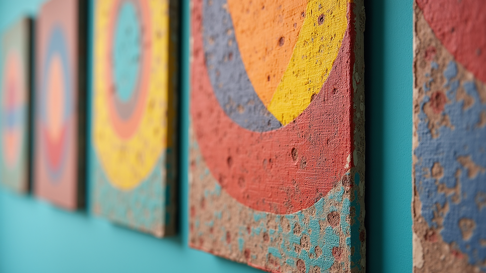 Colorful and textured artwork displayed on a wall
