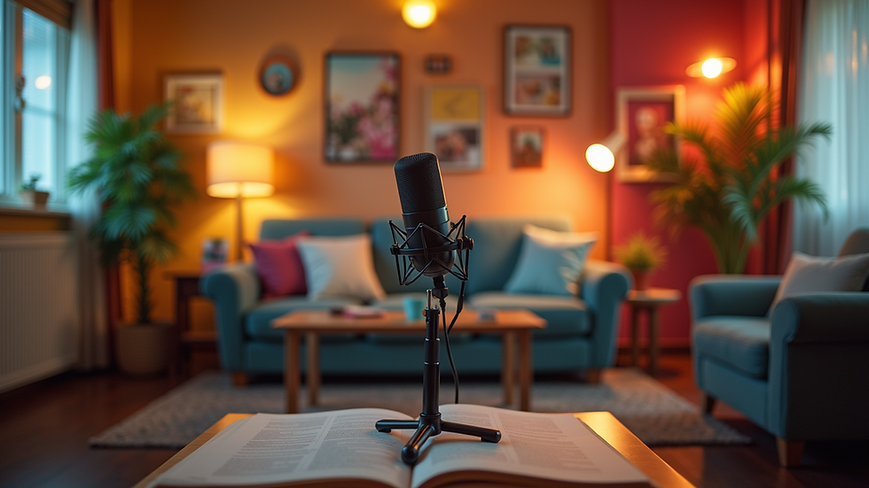 Eye-level view of a cozy podcast studio with colorful decorations
