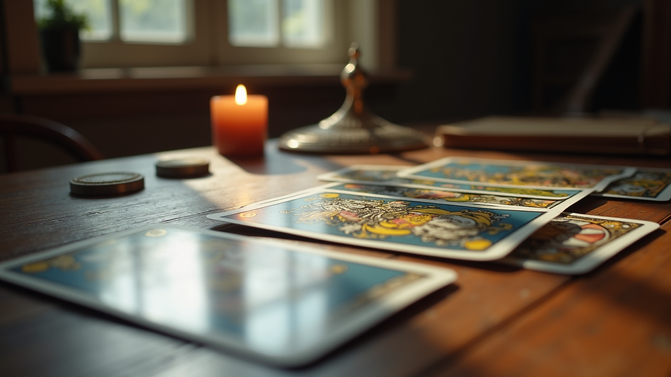 Close-up view of tarot cards spread on a wooden table