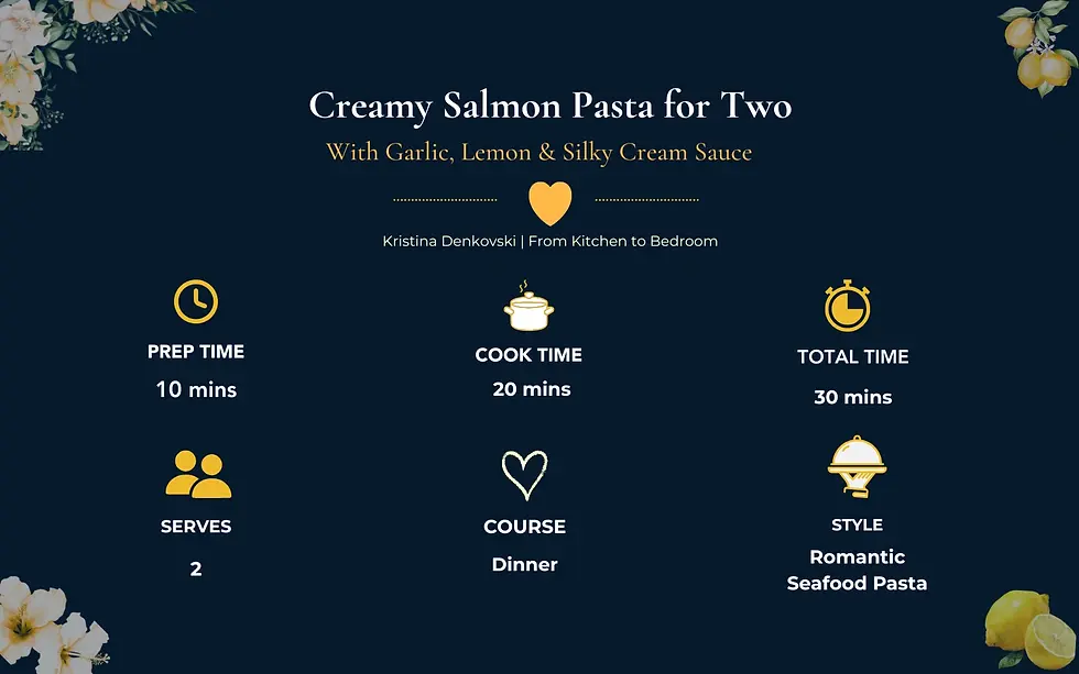 Recipe card for Creamy Salmon Pasta for Two from From Kitchen to Bedroom, showing prep time, cook time, total time, serves, course and romantic seafood pasta style.