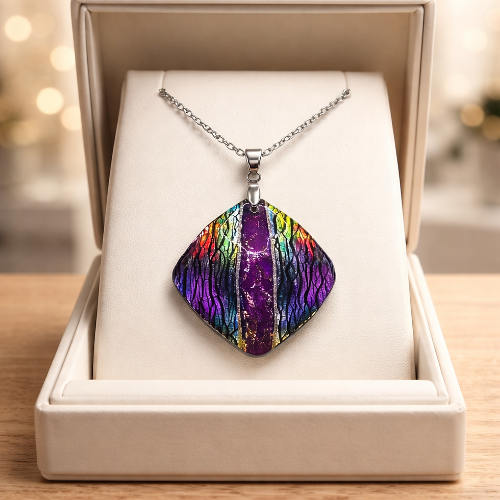 Collier en argile polymère VIOLET irisé multicolore recouvert d'époxy sur acier inoxydable REACH– virginia Cie Art Bijoux