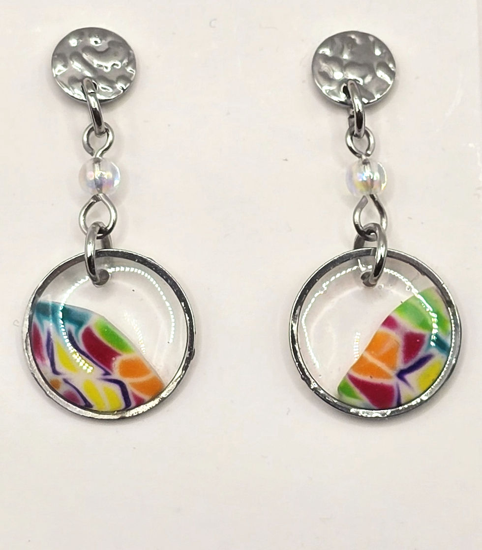 Boucles d'oreilles pâte polymère jaune orange rose vert époxy et sur acier inoxydable REACH– virginia Cie Art Bijoux