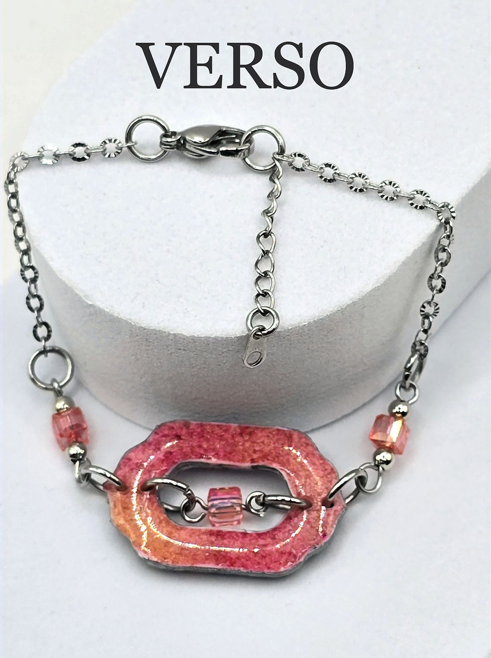 Miniature : Bracelet en argile polymère léopard rose orange recouvert d'époxy sur acier inoxydable REACH– Virginia Cie Art Bijoux