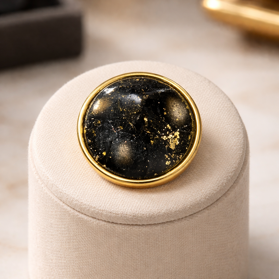 Bague réglable argile polymère NOIR OR 18K recouvert d'époxy montés sur acier inoxydable REACH– virginia Cie Art Bijoux