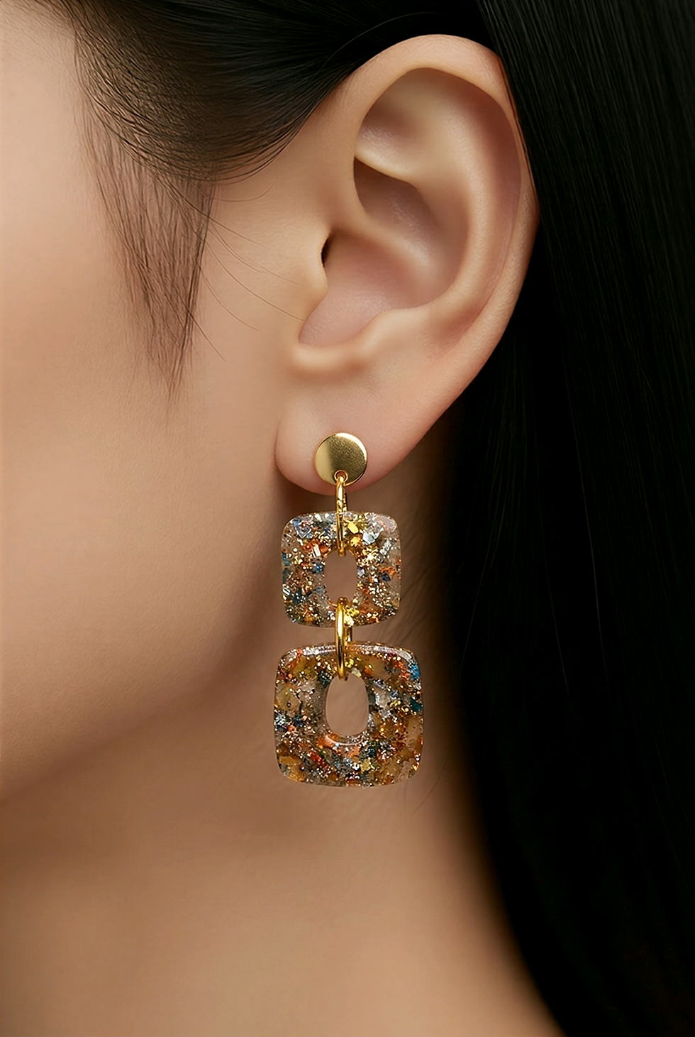 Boucles d'oreilles pâte polymère ambre or recouverte d'époxy et sur acier inoxydable REACH– virginia Cie Art Bijoux