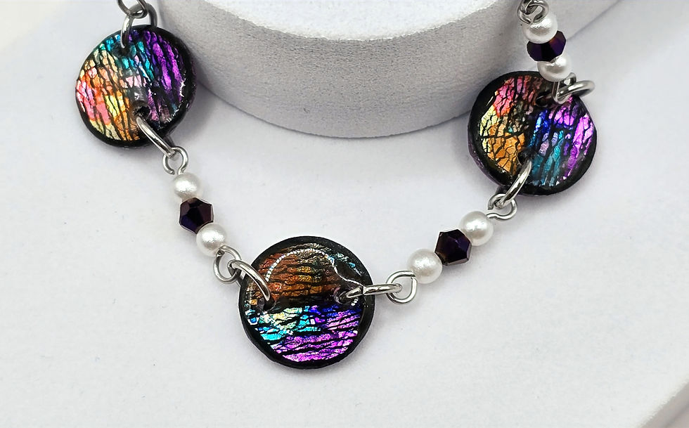 Bracelet en argile polymère violet multicolore irisé recouvert d'époxy sur acier inoxydable REACH– Virginia Cie Art Bijoux