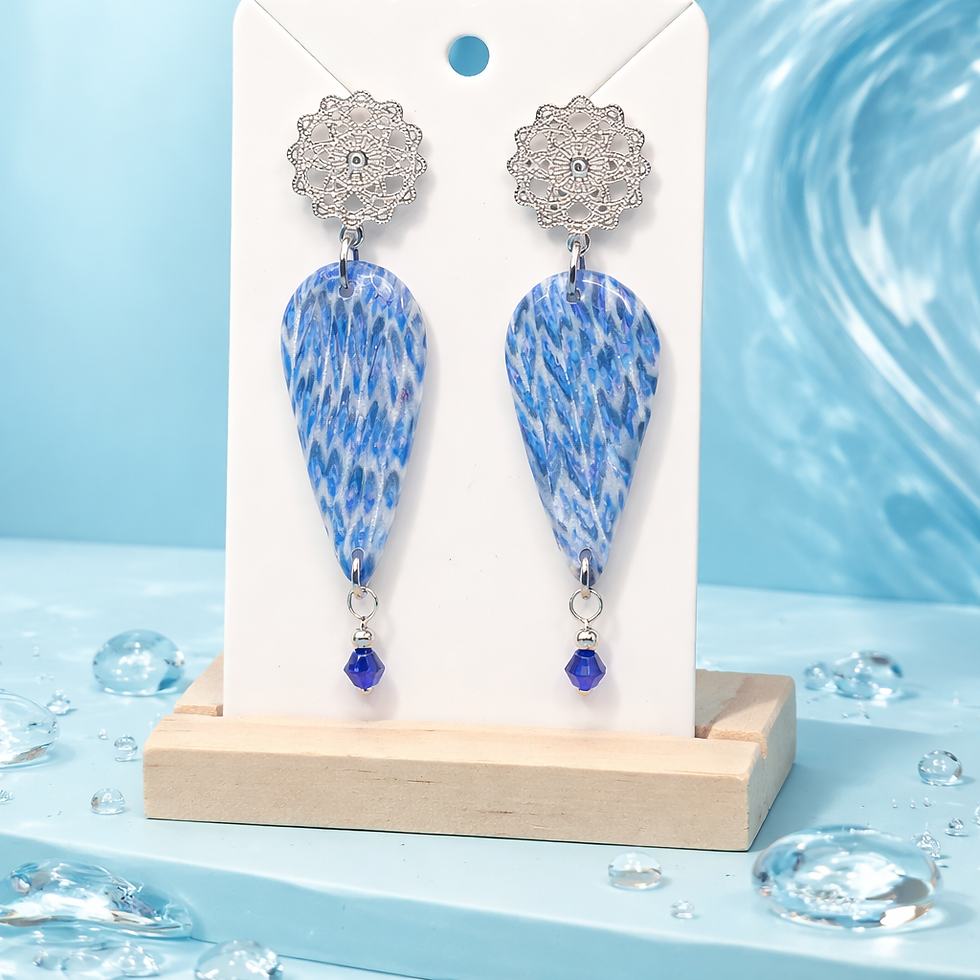 Boucles d'oreilles pâte polymère bleu blanc brillan recouverte d'époxy et sur acier inoxydable REACH– virginia Cie Art Bijoux