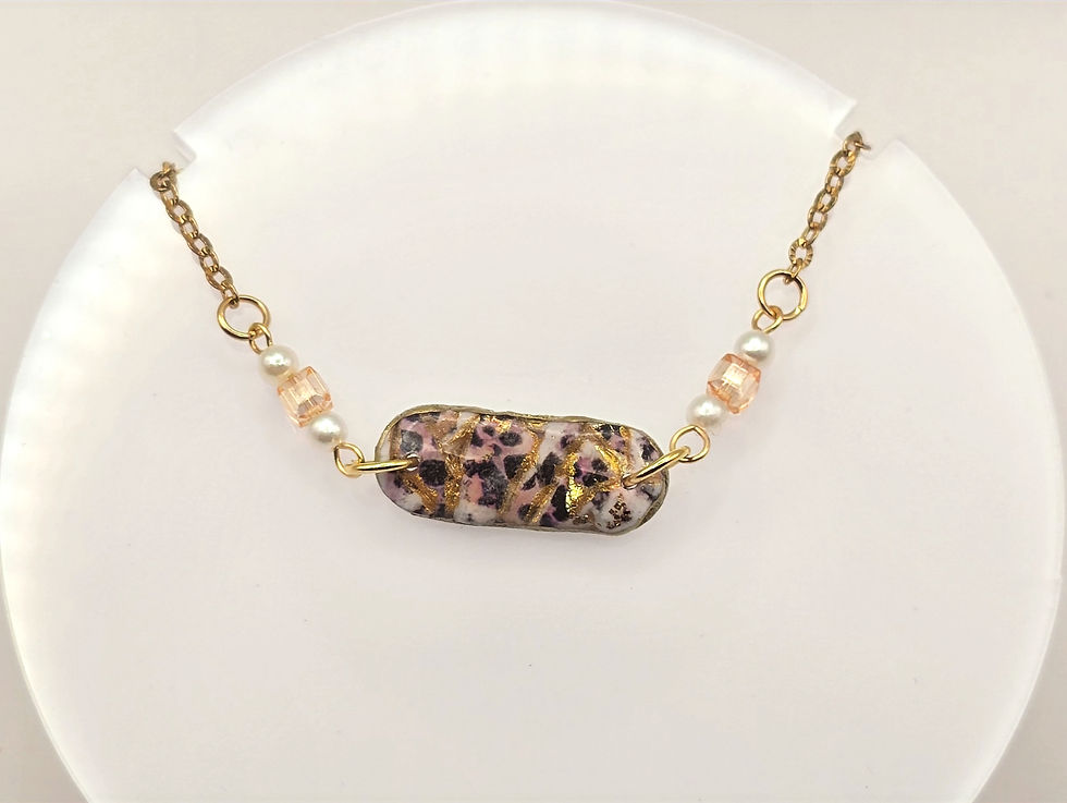 Miniature : Bracelet en argile polymère léopard rosé orange recouvert d'époxy sur acier inoxydable REACH– Virginia Cie Art Bijoux