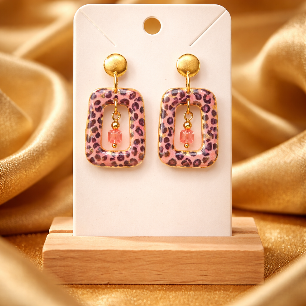 Boucles d'oreilles pâte polymère orangé LEOPARD recouverte d'époxy et sur acier inoxydable REACH– virginia Cie Art Bijoux