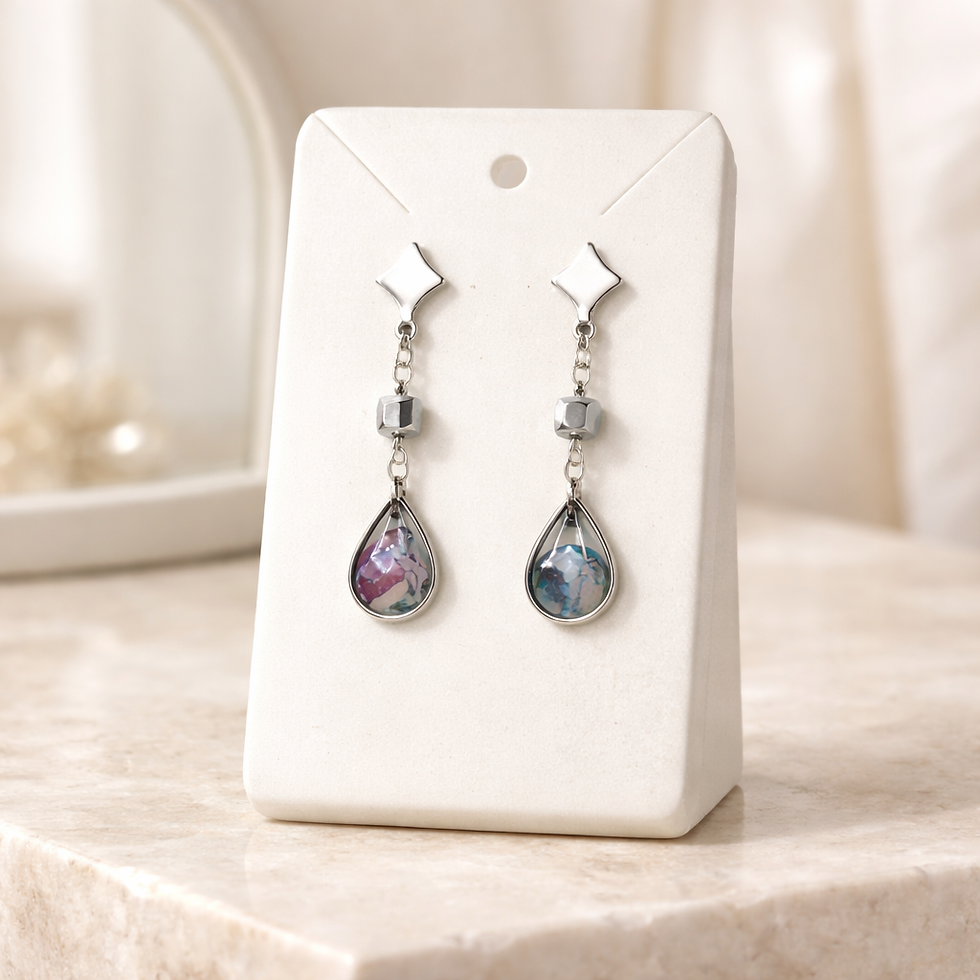 Miniature : Boucles d'oreilles pâte polymère rose bleu violet recouverte d'époxy et sur acier inoxydable REACH– virginia Cie Art Bijoux