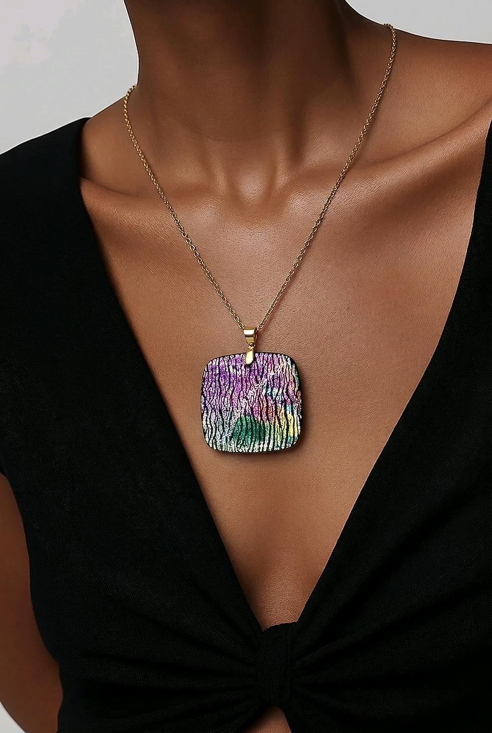 Collier en argile polymère irisé multicolore recouvert d'époxy sur acier inoxydable REACH– virginia Cie Art Bijoux