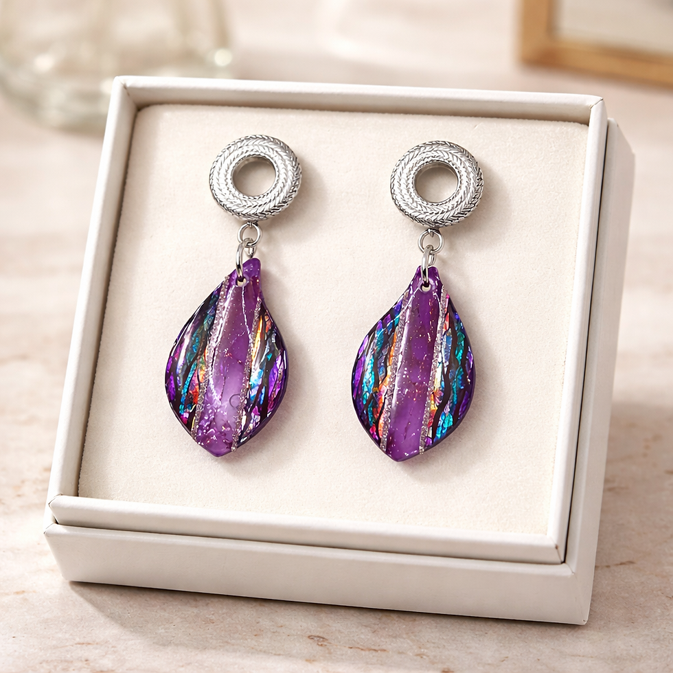 Boucles d'oreilles pâte polymère violette turquoise recouverte d'époxy et sur acier inoxydable REACH– virginia Cie Art Bijoux