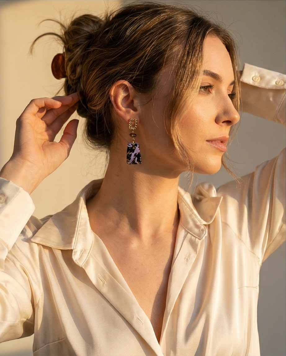 Miniature : Boucles d'oreilles pâte polymère violet or 18K recouverte d'époxy et sur acier inoxydable REACH– virginia Cie Art Bijoux