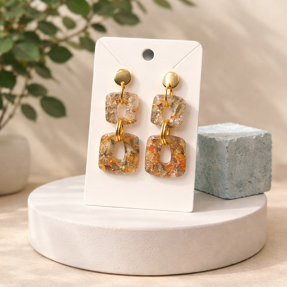 Boucles d'oreilles pâte polymère ambre or recouverte d'époxy et sur acier inoxydable REACH– virginia Cie Art Bijoux