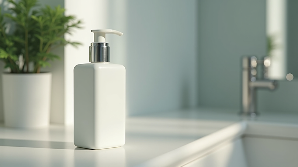 Close-up view of a bottle of moisturizer on a bathroom counter