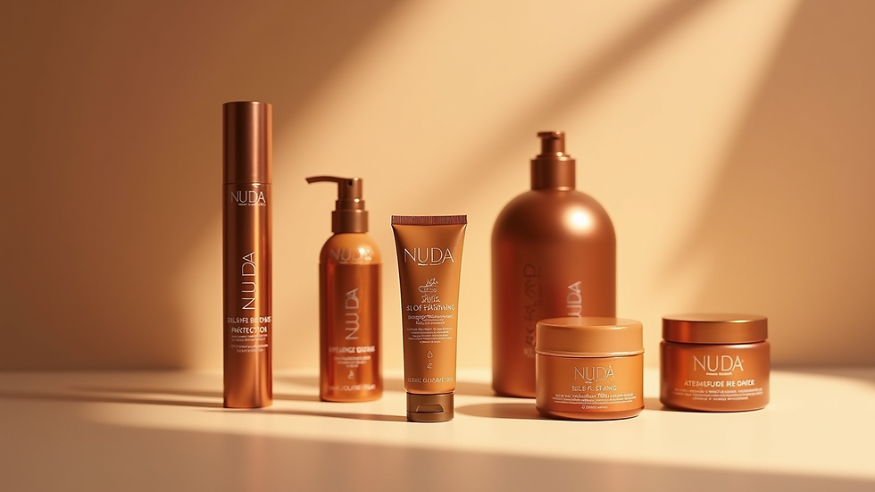 Close-up view of NUDA sunless tanning products arranged aesthetically