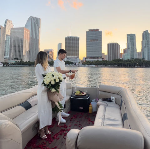 Romantic sunset wedding proposal on a Miami boat with Vice Boat Club