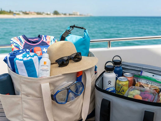 yacht day essentials packed in a beach bag and cooler including sunscreen towels drinks and accessories in Miami