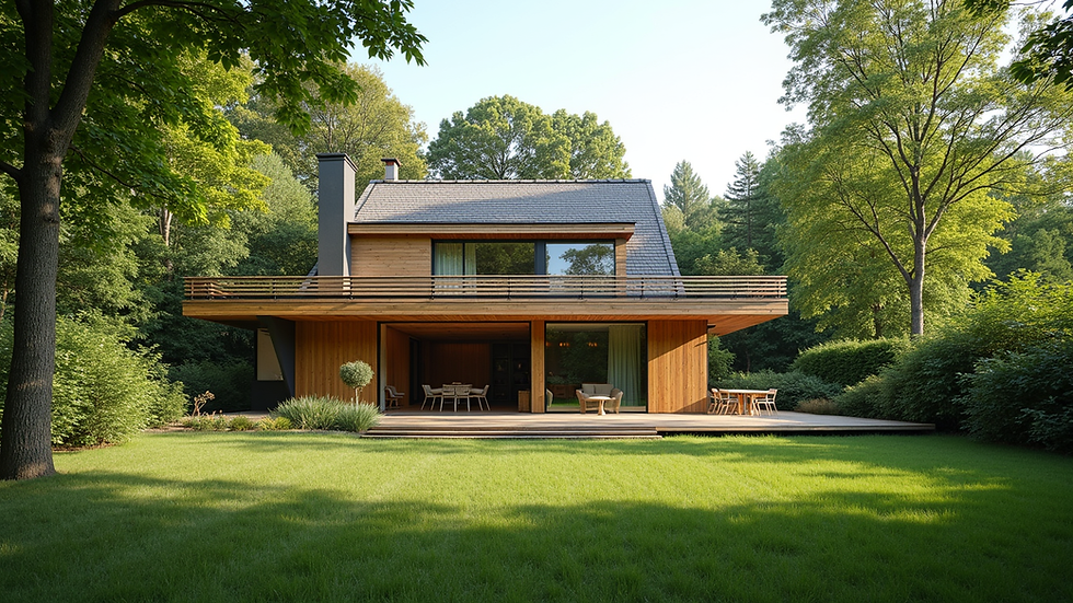 Vue rapprochée d’une maison avec extension bois et jardin verdoyant
