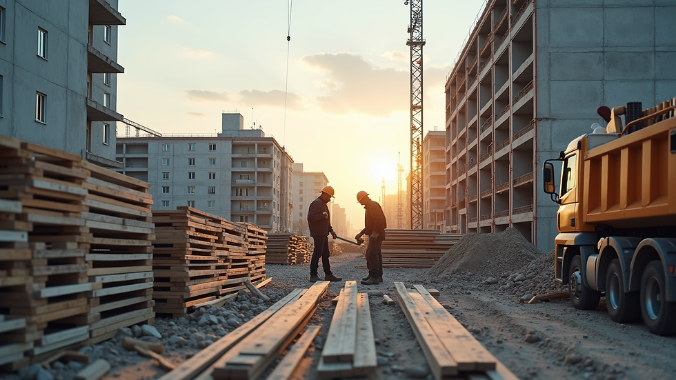 Vue rapprochée d'un chantier de rénovation lourde avec des ouvriers et des matériaux de construction