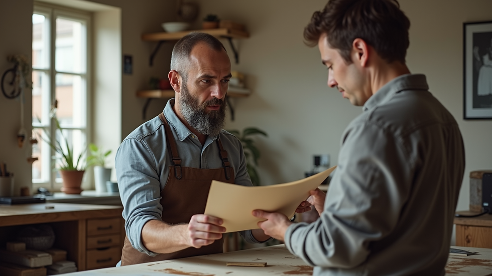 Vue en plongée d'un artisan expliquant un devis à un client dans un appartement