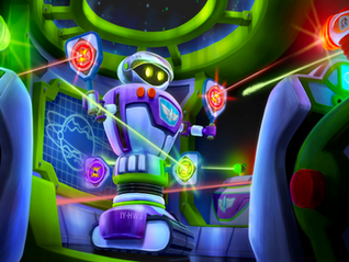Robot in a futuristic control room, holding colorful shields. Laser beams cross the room. Background has a starry sky and tech panels.