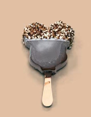 Chocolate ice cream bar with cookie crumbs on a wooden stick, set against a plain beige background. 