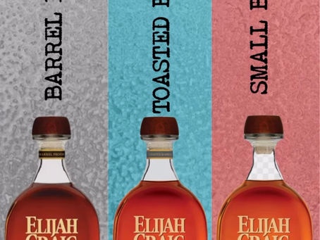 Three Elijah Craig bourbon bottles on textured backgrounds labeled: Barrel Proof, Toasted Barrel, and Small Batch. Text features prominently.