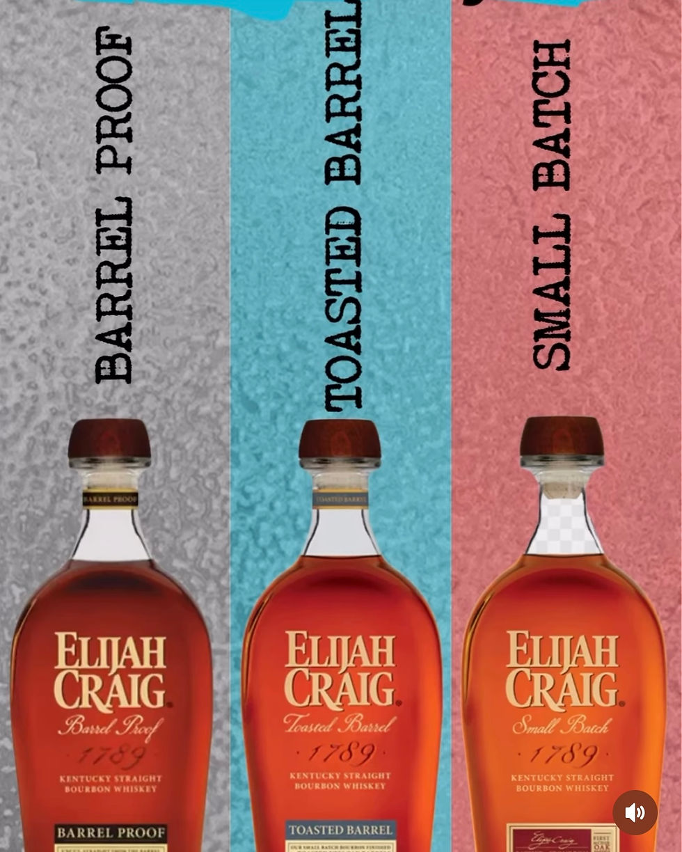 Three Elijah Craig bourbon bottles on textured backgrounds labeled: Barrel Proof, Toasted Barrel, and Small Batch. Text features prominently.