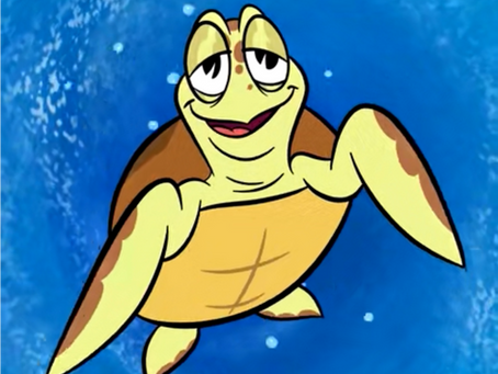 Cartoon sea turtle swimming against a blue water background. The turtle has a relaxed, smiling expression, with brown and yellow coloring. Crush is the newest character featured on the Annual Passholder magnet.
