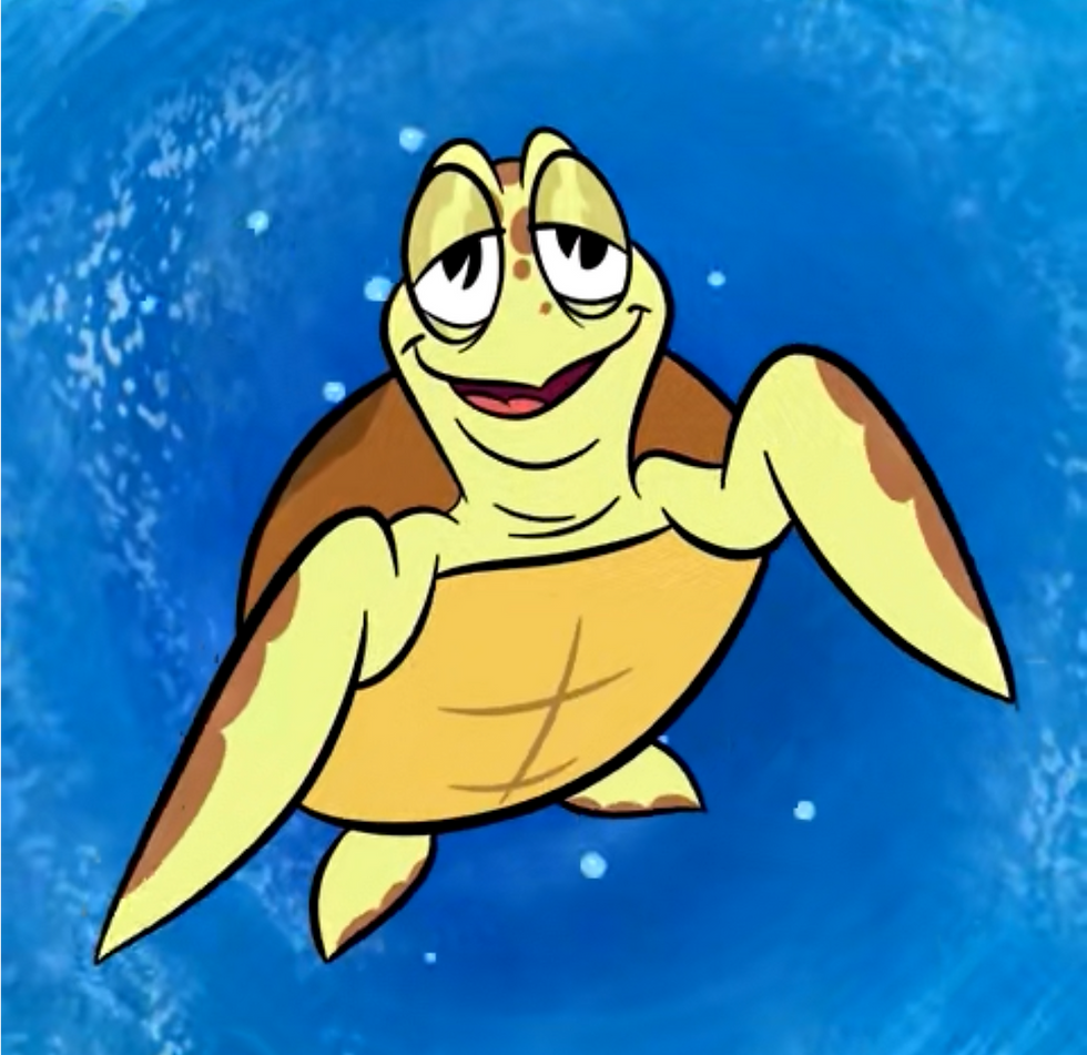 Cartoon sea turtle swimming against a blue water background. The turtle has a relaxed, smiling expression, with brown and yellow coloring. Crush is the newest character featured on the Annual Passholder magnet.