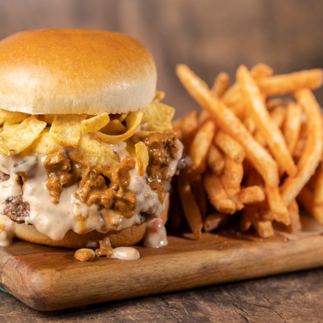 mexican inspired burger with french fries