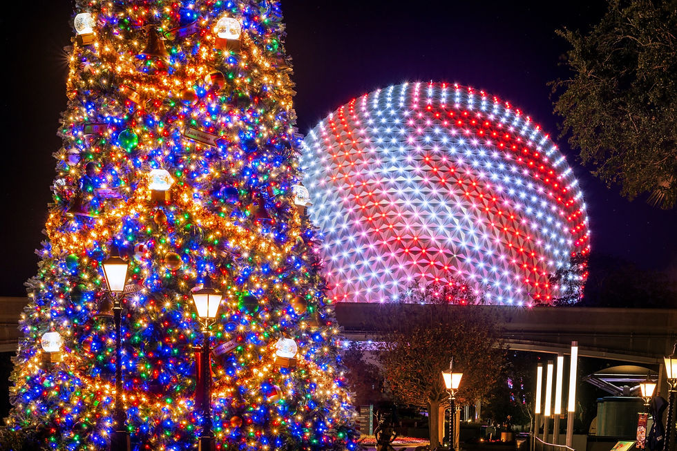 Colorful Christmas tree with glowing lights in foreground, illuminated geodesic dome in background, creating a festive nighttime scene. EPCOT once again will be celebrating with the Festival of the Holidays including the famous Candlelight Processional.