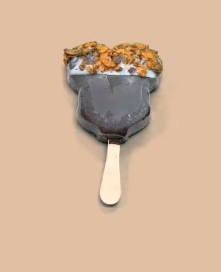 Chocolate ice cream bar with cookie crumbs on a wooden stick, set against a plain beige background. 