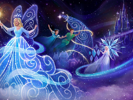 Fantasy scene with a fairy holding a wand, Peter Pan and Wendy flying, and an ice queen. Starry sky and castle backdrop, glowing swirls.