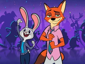 Animated rabbit and fox in party attire dance joyfully in front of a purple backdrop with shadowy figures and confetti.