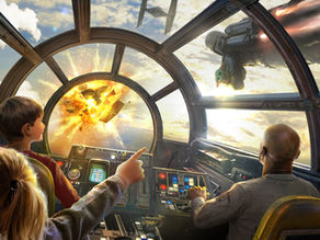 Spacecraft cockpit view with three people witnessing a space battle. Explosions, ships in sky. Child points excitedly. Dynamic and adventurous.