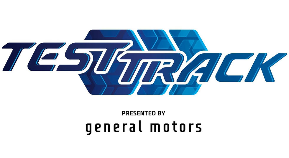 Blue geometric "Test Track" logo with hexagonal patterns. Text reads "Presented by General Motors" below. Simple white background. Test Track will be reopening July 22nd at EPCOT.