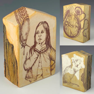 ceramic sculpture, hand made, decals, ceramic, underglazes