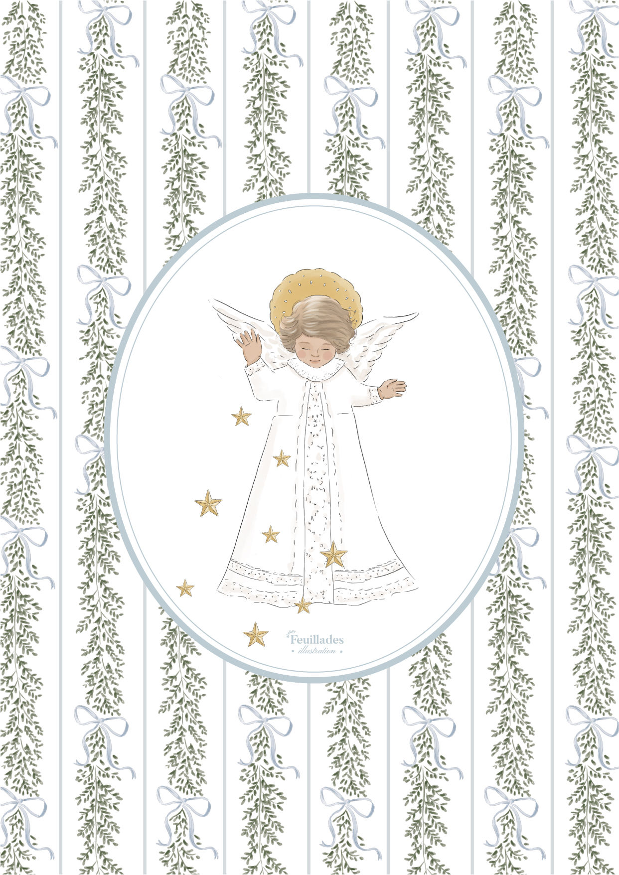 PETIT ANGE DES GRÂCES ORNÉ DE FEUILLES - AFFICHE & CARTE DE NOËL