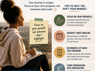 Infographic of a woman journaling at sunset beside tips on dealing with comparison without losing yourself.