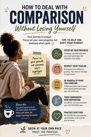 Infographic of a woman journaling at sunset beside tips on dealing with comparison without losing yourself.
