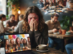 Upset woman cries in a cafe as her laptop shows laughing friends at a birthday party, with a coffee cup on the table.